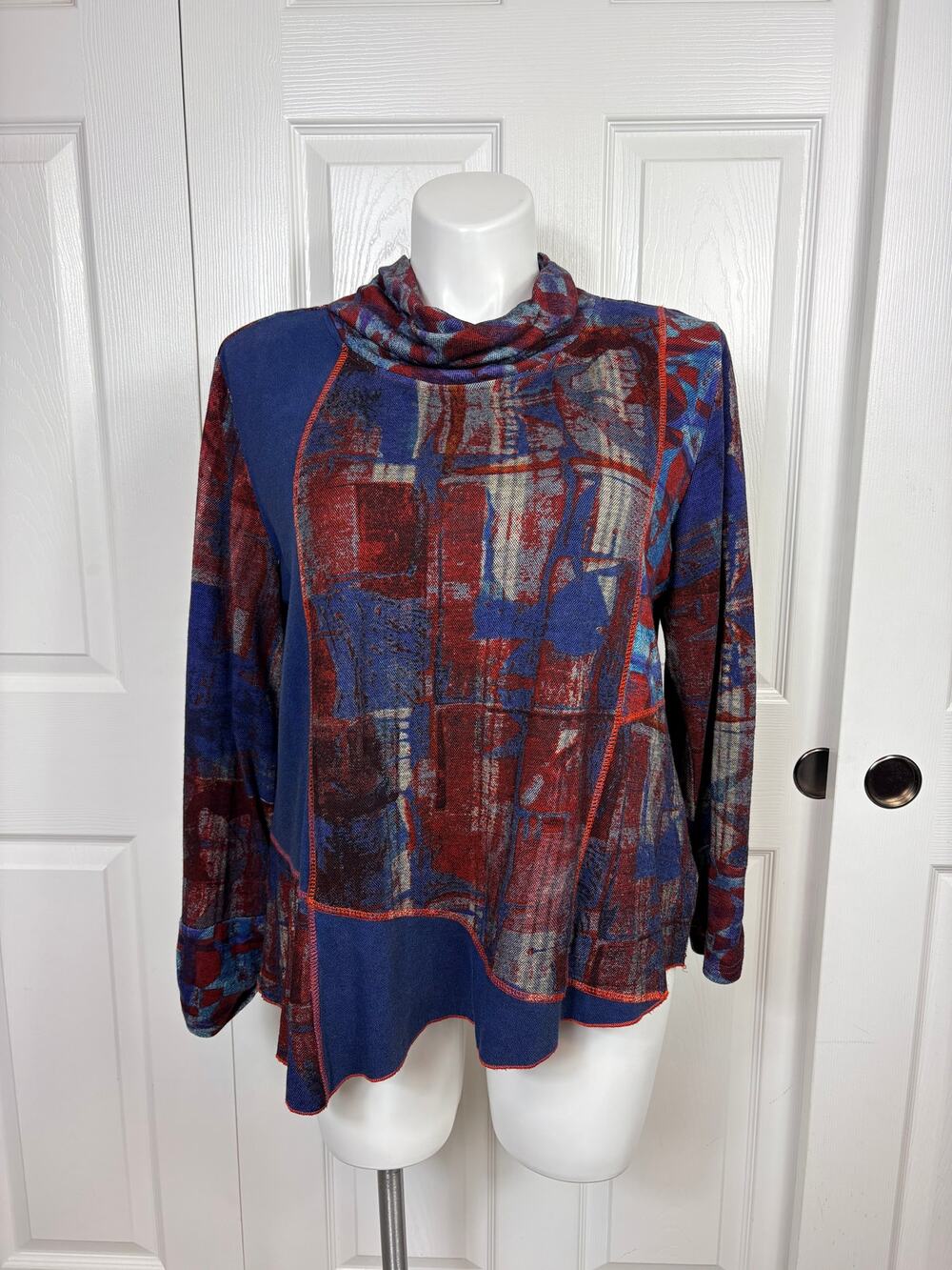 Orientique Mixed Abstract Media Cowl Neck Top Asymmetrical Hem Size L